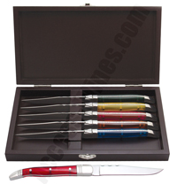 Coffret bois de 6 couteaux Laguiole couleurs translucides